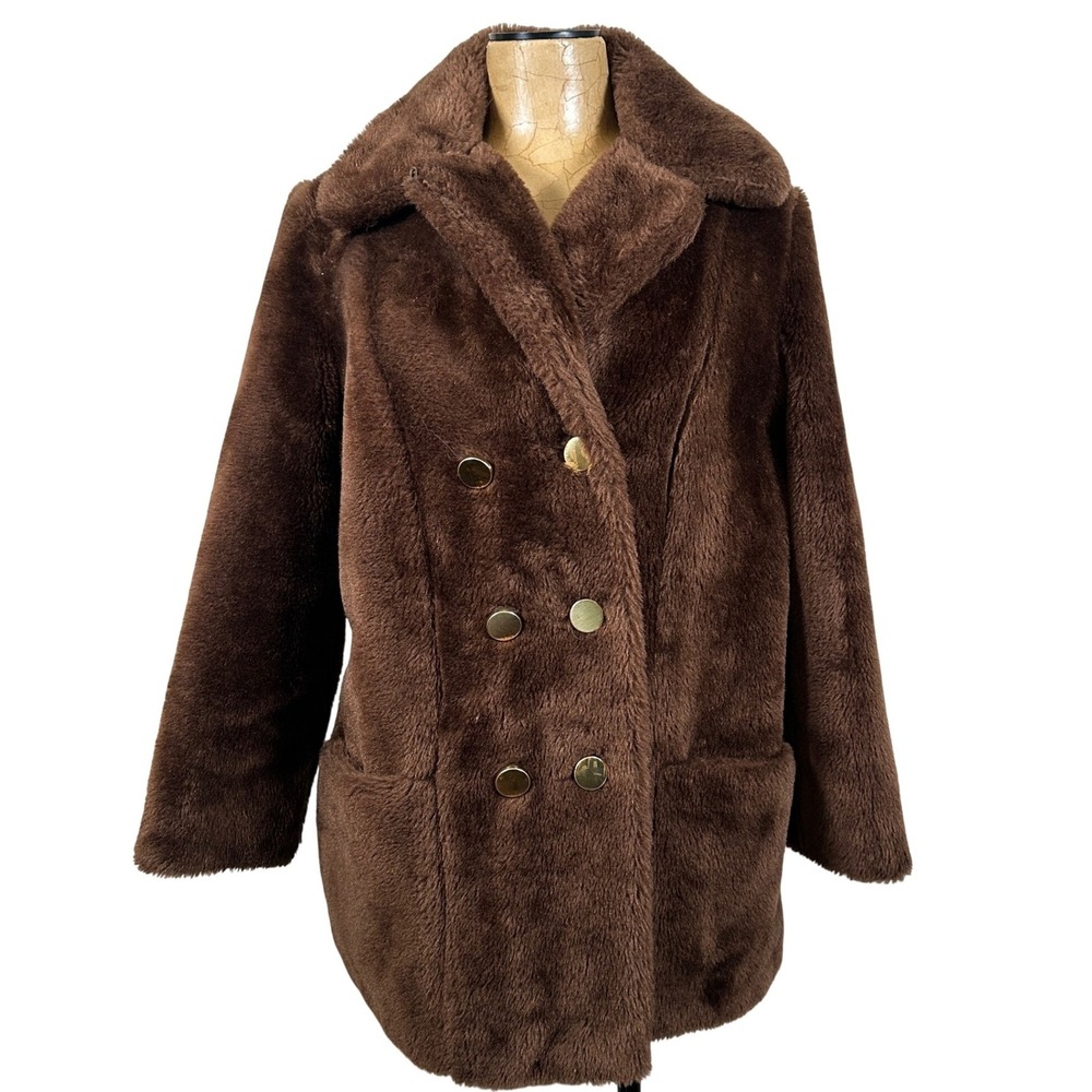 Vintage Sears Brown Faux‎ Fur Teddy Coat Double Breasted Gold Retro 70s